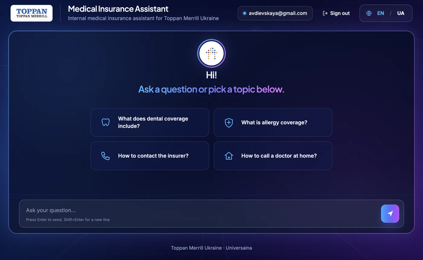 Medical Insurance Assistant — chat empty state with topic shortcuts